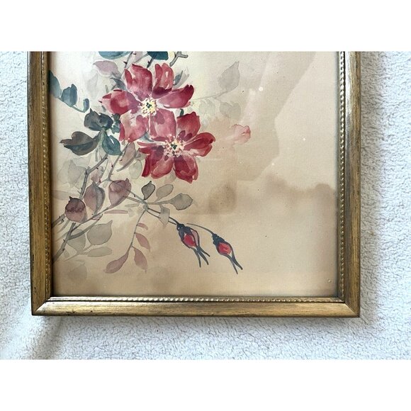 Antique Signed Asian Floral Watercolor Painting Gold Tone Framed‎ 13"x8-1/2" - Picture 2 of 7